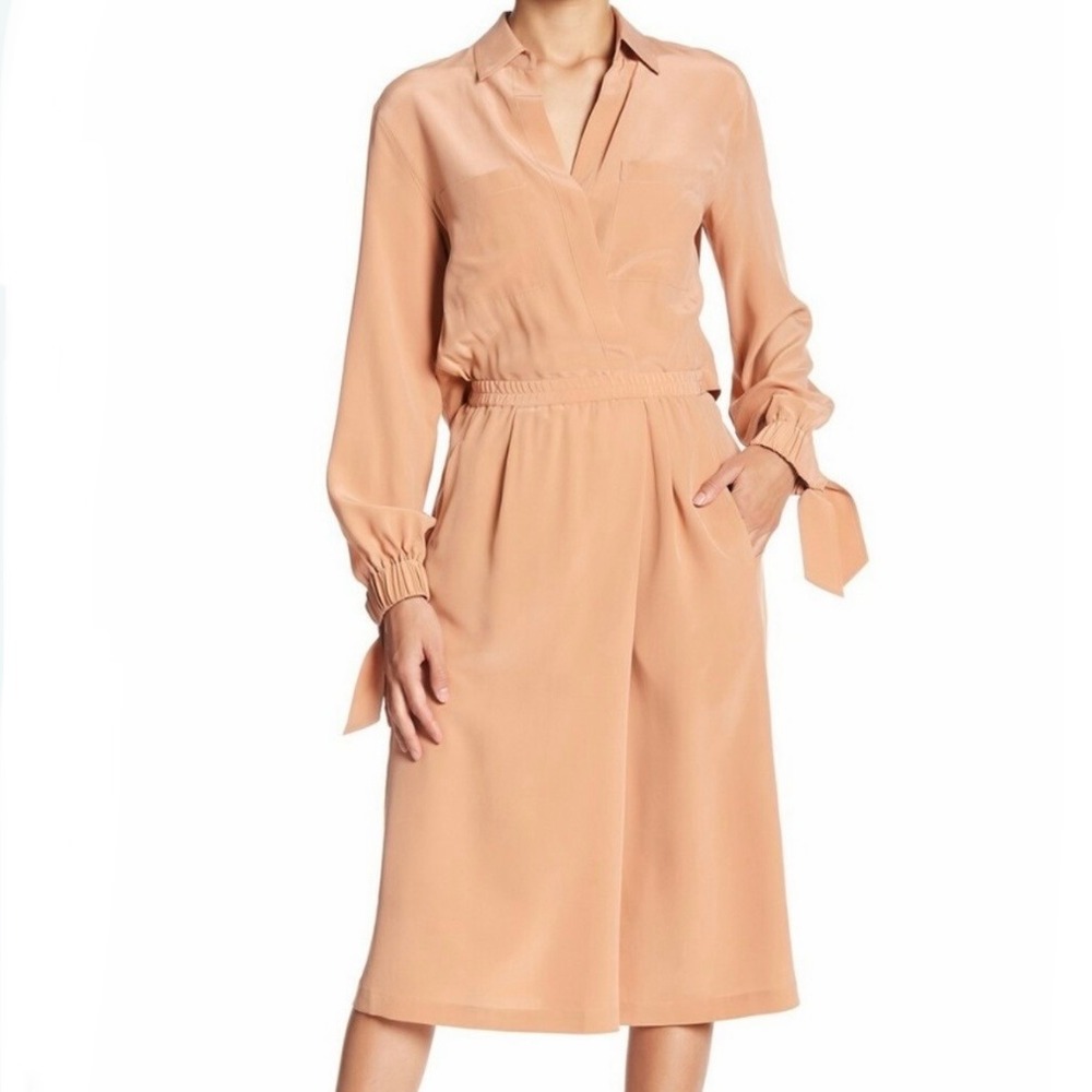 Vince 100% Silk Long Sleeve Cutout Back Midi Dress Peach Tan Medium